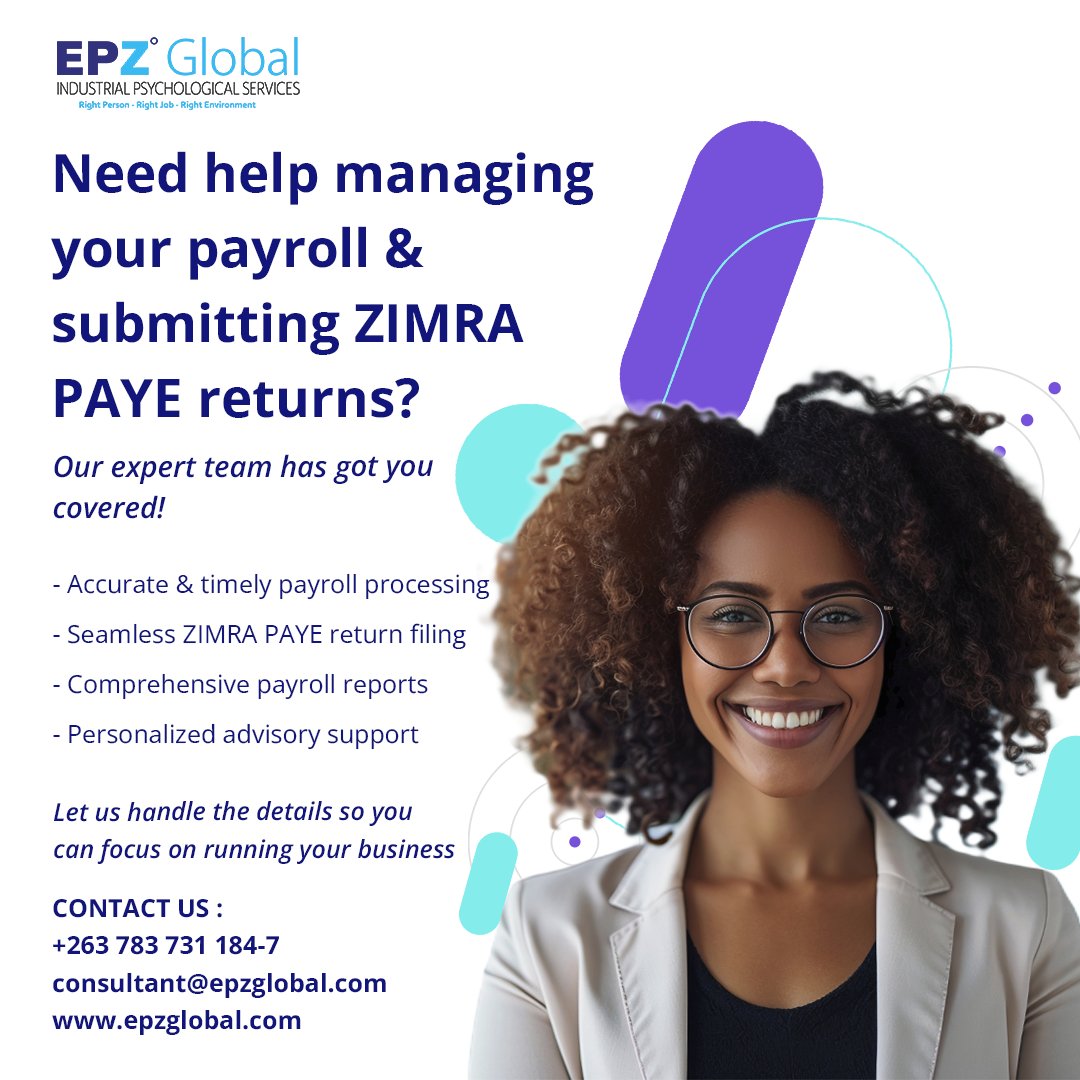 Take the stress out of payroll and ZIMRA PAYE returns with our expert support. Let us handle it, so you can focus on growing your business #PayrollMadeEasy