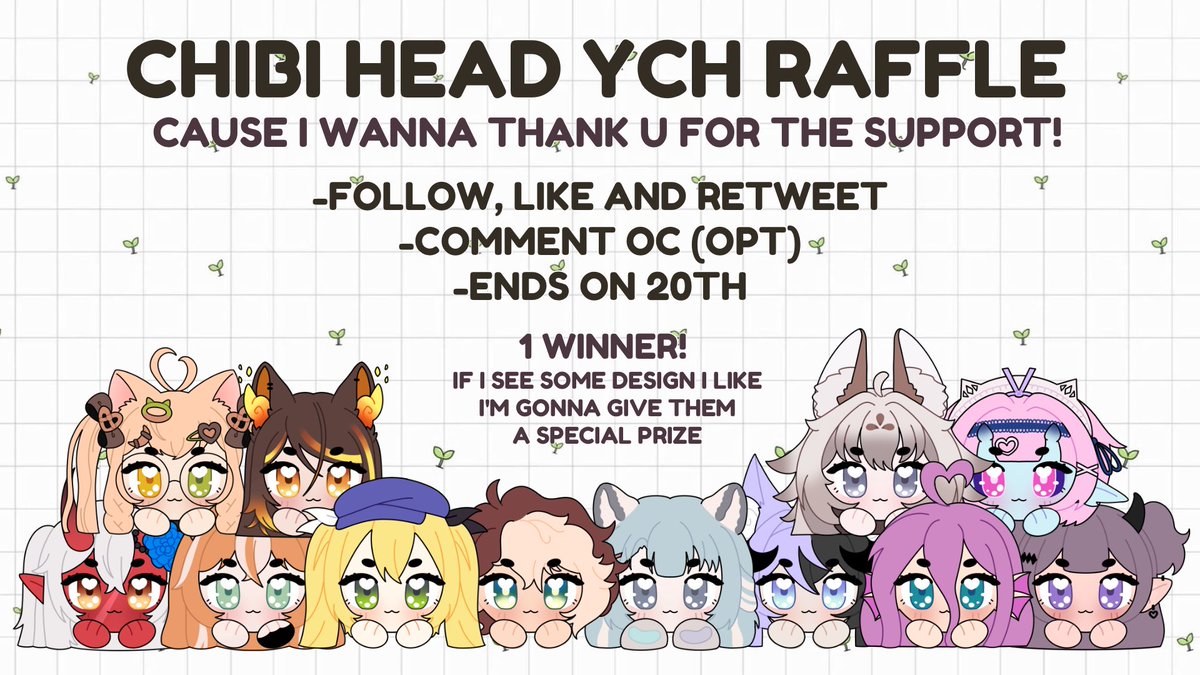 ✨CHIBI HEAD YCH GIVEAWAY✨

~ 1 winner
~ follow, like and rt
~ ends on May 20!

[ +1 entry ] tag a friend or/and post a ref!

If I see some designs I like I’m gonna give them a special prize ^^🤍

#Vtubers #VtuberEN #ArtistOnTwitter