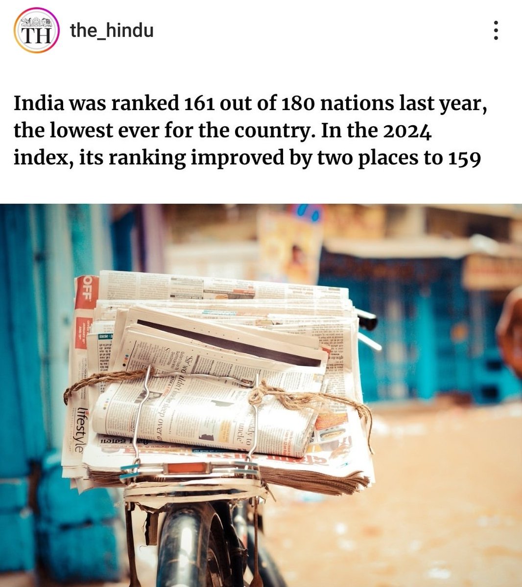 ●World press freedom index 2024 में भारत 159 में स्थान पर है।

●पिछले वर्ष भारत की रैंक 161 थी।

#WorldPressFreedomIndex2024
#PressFreedom
#India
