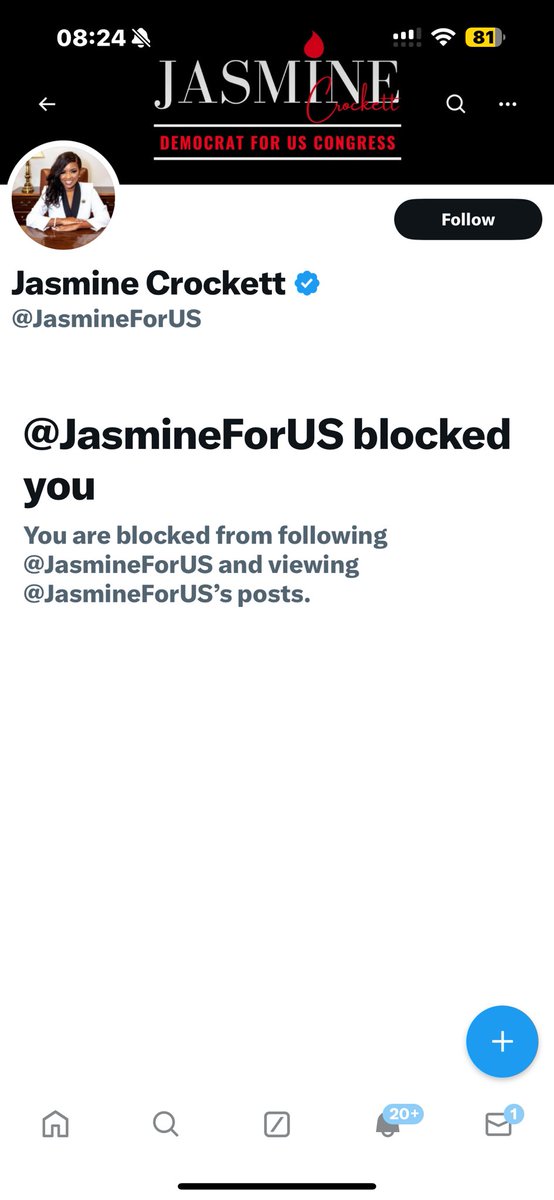 I was getting ready to type a nice message out to Jasmine Crockett telling her what exactly I think of her, but she has me blocked already!

I guess Miss Thing didn’t like something I posted so she ran like a coward.

Bye, heifer!