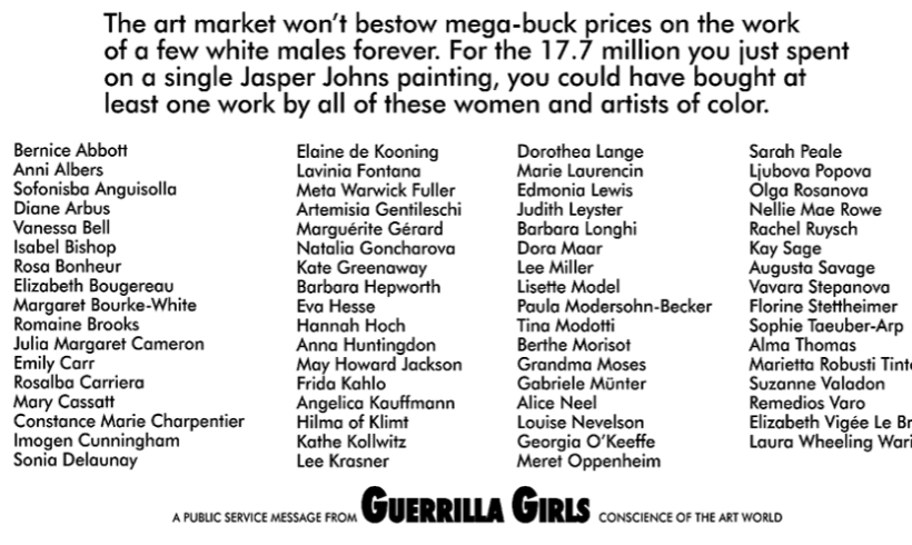 Prescience, courtesy @guerrillagirls from 1989 'When Racism And Sexism Are No Longer Fashionable, How Much Will Your Art Collection Be Worth?'