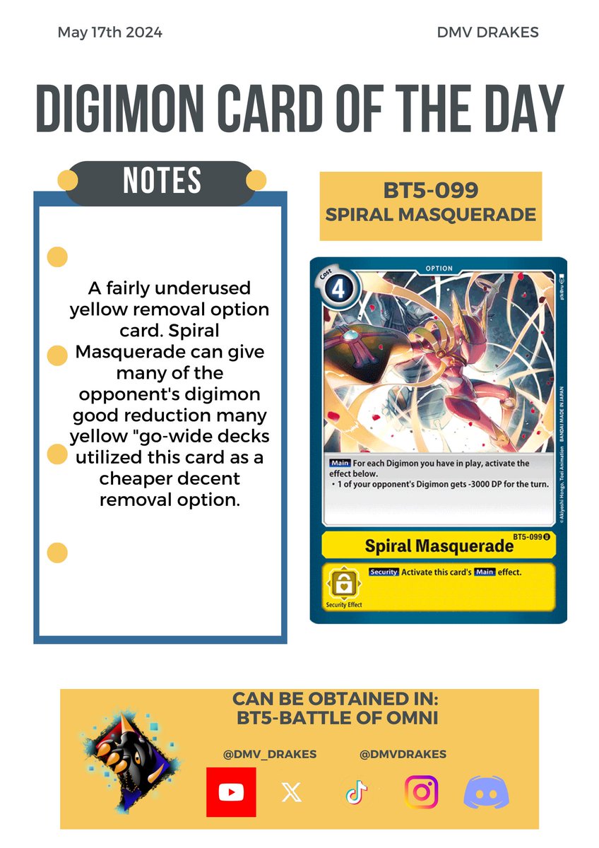 DMV_Drakes's tweet photo. Todays @digimon_tcg_EN Card of the Day
BT5-099 Spiral Masquerade
#dmvdrakes #digimon #digimoncg #cotd #cardoftheday #bt5 https://t.co/V4QirYwVpa