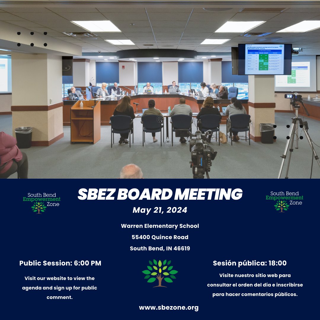 Join us.

✍🏾 Sign up for public comment at sbezone.org/board-corner

🖥 Meeting scheduled to be live-streamed on FB and Youtube:
youtube.com/@southbendempo…