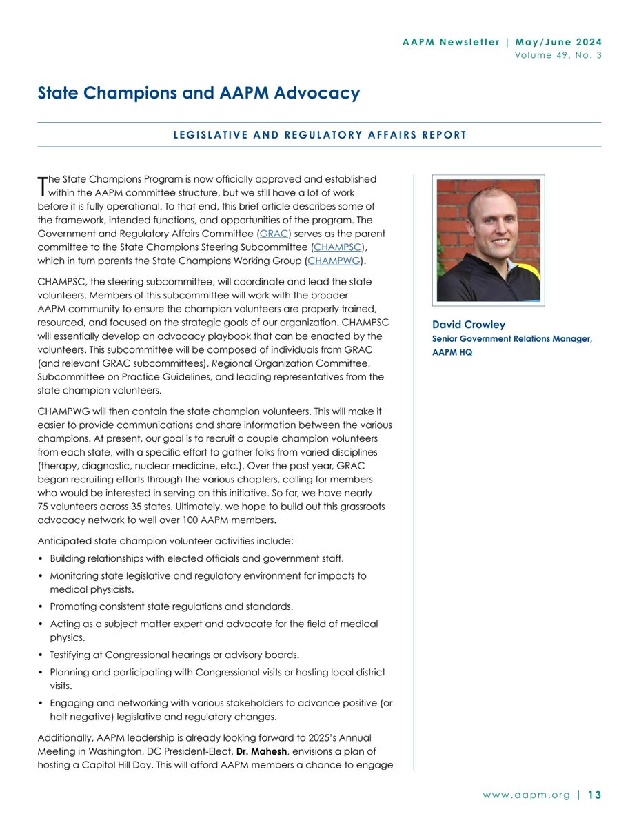 Legislative and Regulatory Affairs Report - State Champions and AAPM Advocacy: pp. 13-14. Author: D. Crowley. The State Champions Program is now officially approved and established within the AAPM committee structure, but we still have a lot of work… aapm.me/3K7L5Au