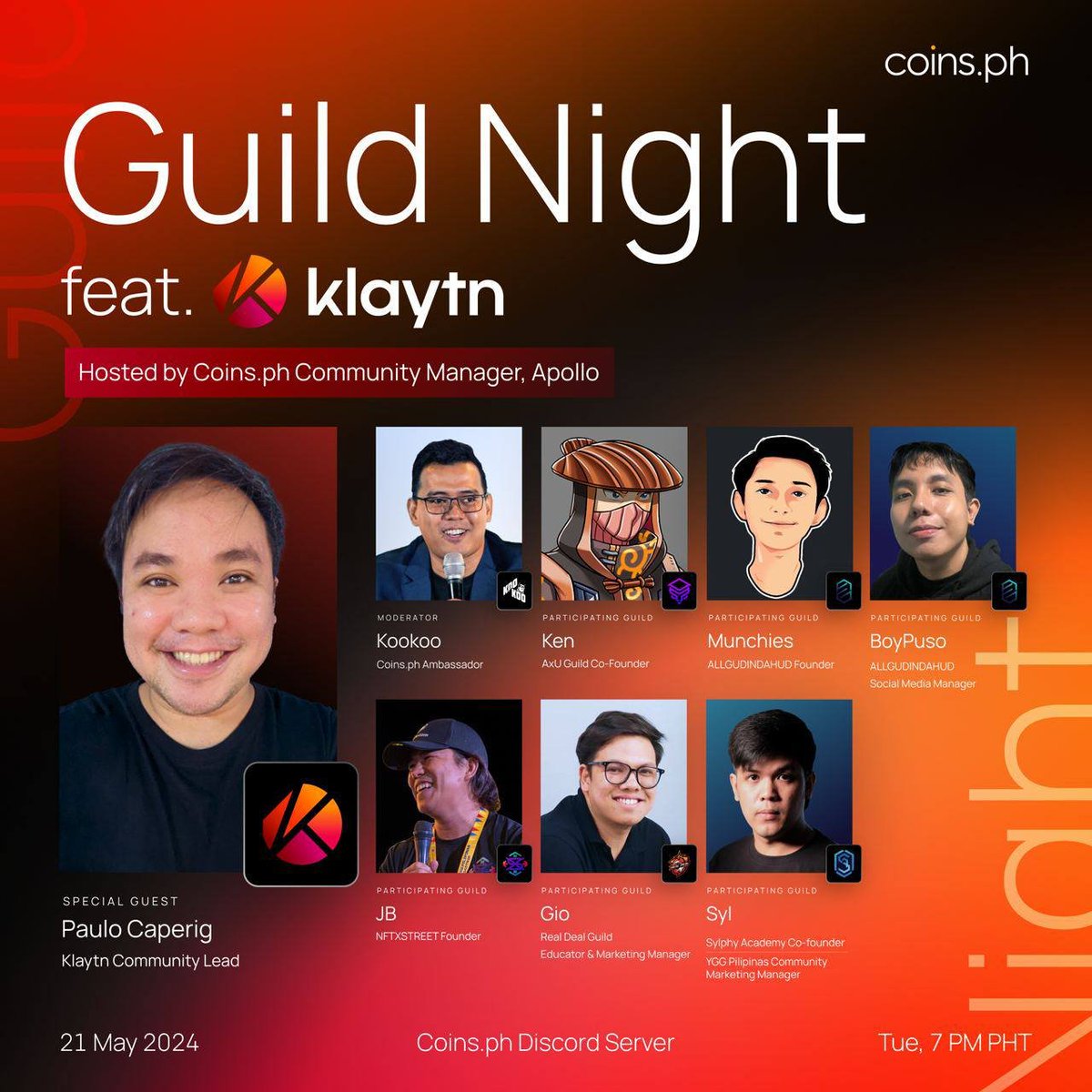🚀 Mark you calendars for an exciting guild night with @klaytn_official! 🚀 Join us this Tuesday, May 21, for the ultimate guild showdown! Representing: 🔹 @AxuKenYGG1 for Axie University/Axu 🔹 @NFTmunchiess and @boypuso for @allgudindahud 🔹 @CMahalay for @NftxStreet 🔹