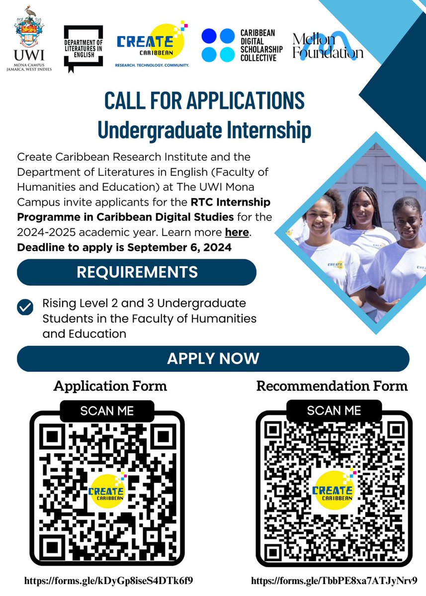 CreateCaribbean's tweet photo. 🌟 #CreateCaribbeanResearchInstitute alongside the Department of Literatures in English at The #UWI Mona Campus invites you to submit your applications for the #RTCInternship Programme in Caribbean Digital Studies for the 2024-2025 academic year! 📚

🗓 Deadline: Sept 6, 2024 https://t.co/9toUk1zVTF