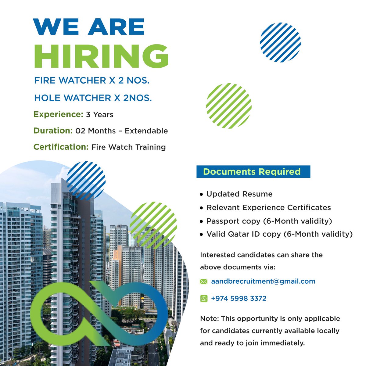 Join Our Team as a Civil/ MEP Supervisor, Fire Watcher & Hole Watcher in Qatar.
To apply, send your resume to aandbrecruitment@gmail.com or contact +974 – 59983372
.
.
.
#AandBprojects #qatarjob  #Doha #jobpost