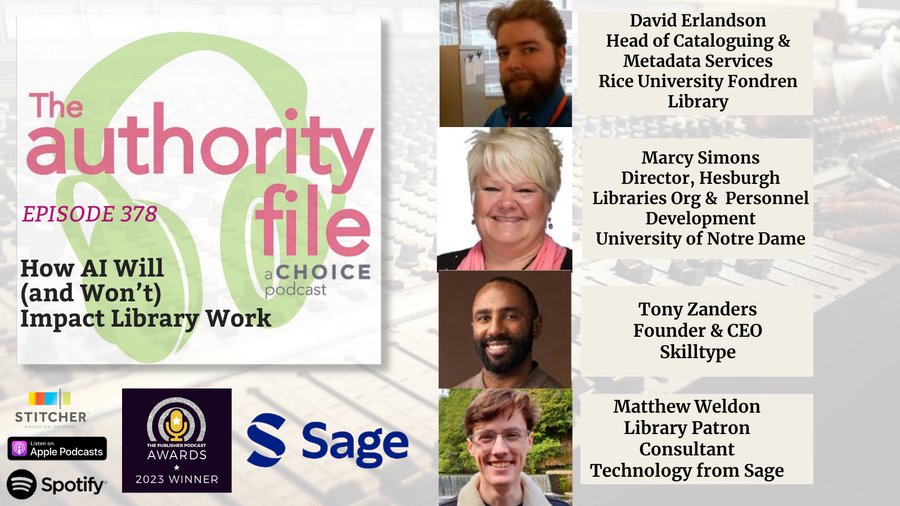 leanlibrary's tweet image. Catch up on the final episode of @Choice_Reviews #AgainsttheGrain podcast all about #libraryskills.

🎙️Our speakers are @zanders from @skilltype, @matt__weldon from #TechfromSage &amp;amp; librarians. 

Listen to &quot;How AI Will (and Won’t) Impact Library Work&quot; here: choice360.org/podcasts/episo…