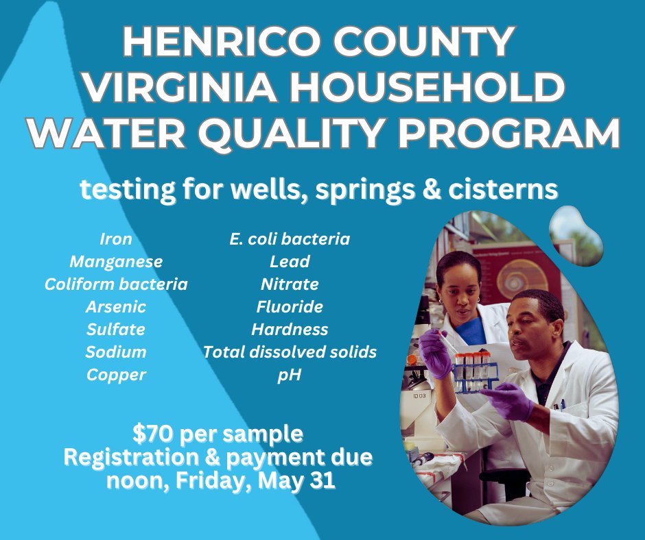 💦💧Henrico Extension is offering a clinic to help residents test the water in their wells, springs & cisterns for potentially harmful contaminants. Registration & payment are due by noon Friday, May 31. $70 per sample. Test results are confidential. henrico.us/news/2024/05/h…