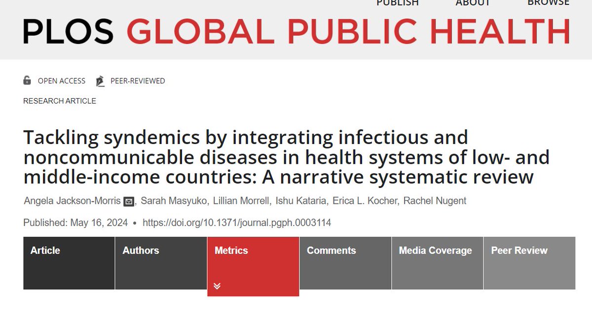 New <a href="/RTI_INTL_DEV/">RTI International Development</a> Center for Global #NCDs review on NCD integration in #healthsystems <a href="/PLOSGPH/">PLOS Global Public Health</a> The huge potential to upscale NCD care, reach ppl w/ comorb &amp; improve outcms eg #TB #NTD #MNCH not yet realised. MOH commissioner &amp; Funder action needed dx.plos.org/10.1371/journa…
