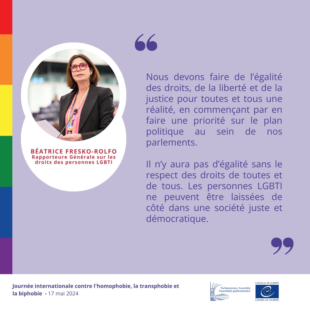 PACE_Equality (@pace_equality) on Twitter photo 💬Il y a urgence à agir afin de garantir l’égalité des droits, la liberté et la justice pour toutes et tous, a déclaré <a href="/BeatriceFresko/">Béatrice FreskoRolfo</a> en cette journée mondiale de lutte contre les LGBTphobies #IDAHOT2024 🏳️🌈
📃Retrouvez sa déclaration ici: pace.coe.int/fr/news/9468/m… 💬Il y a urgence à agir afin de garantir l’égalité des droits, la liberté et la justice pour toutes et tous, a déclaré <a href="/BeatriceFresko/">Béatrice FreskoRolfo</a> en cette journée mondiale de lutte contre les LGBTphobies #IDAHOT2024 🏳️🌈
📃Retrouvez sa déclaration ici: pace.coe.int/fr/news/9468/m…