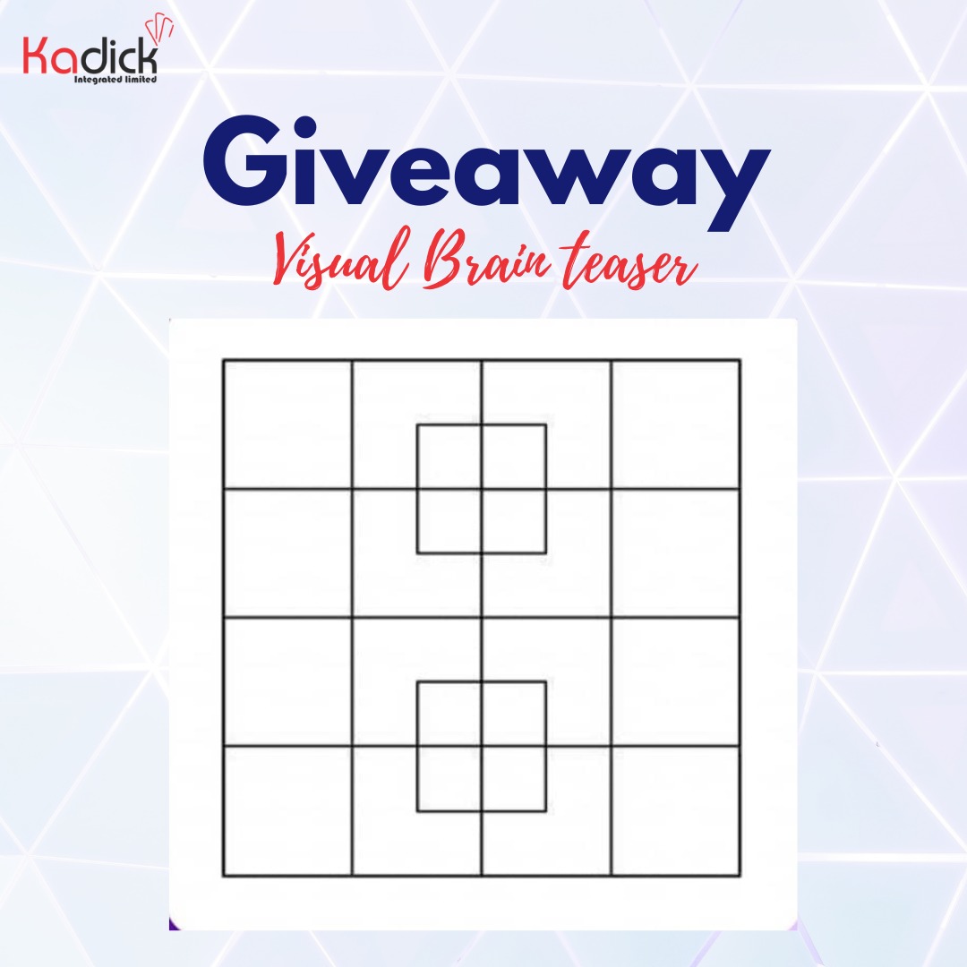 It's Giveaway Time!!🥳🎉💓. How many squares can you find?
Drop your answer in the comment section and stand a chance of winning FREE Airtime.

#riddleoftheday #riddle #brainteaser #funtime #tgif #goodvibes #kadick #kadickintegrated #fintech #fintechcompany #giveaway #freeairtime