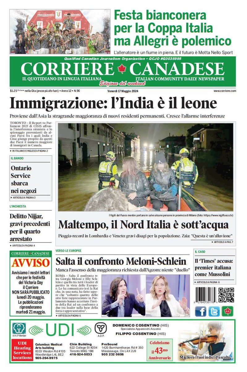 Buongiorno a tutti con la prima pagina di oggi 🇮🇹🇨🇦🇮🇹 seguiteci anche on line: corriere.com

#ethnicpress #stampaetnica
#ethnicmedia #newspapers
#italians #italianiallestero