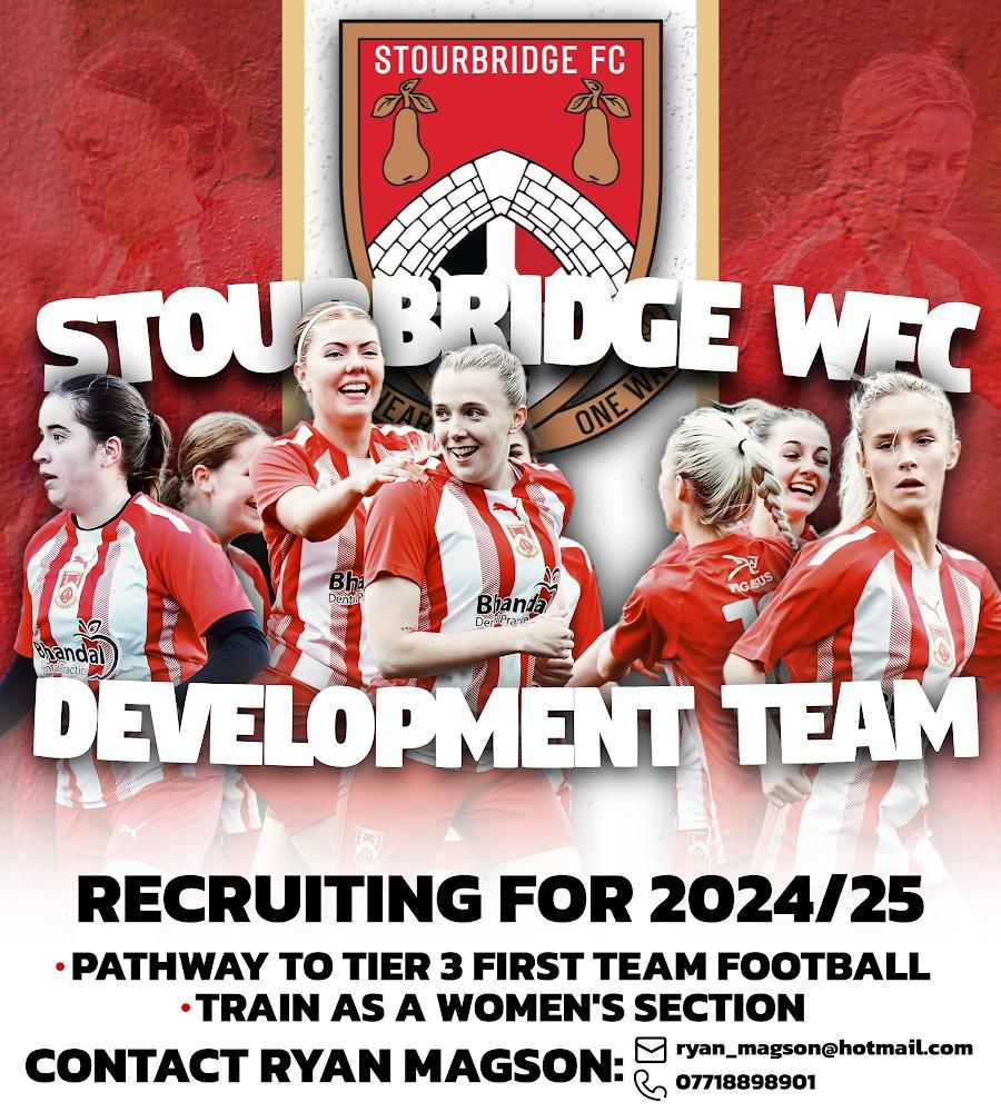 Our Development Team will be recruiting ahead of next season, with open sessions at Stanley Rd Playing Fields (DY8 2DW) on Sat 15th June. For more info or to register interest email - ryan_magson@hotmail.co.uk or call/message on 07718 898901. #Glassgirls 🔴⚪️