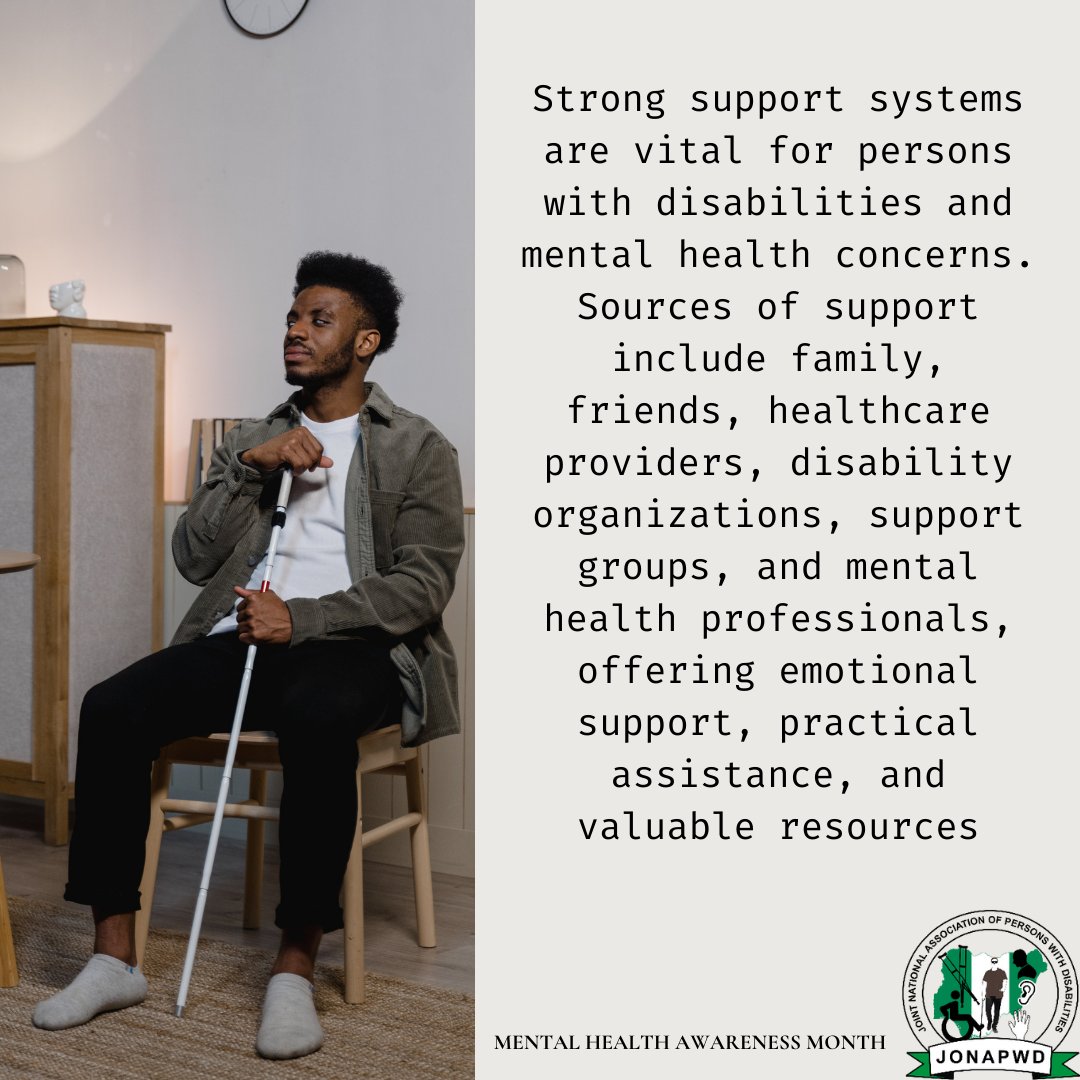 Do you know that mental health conditions often coexist with disabilities?

This is why it is important to address both disability and mental health concerns simultaneously.

#JONAPWD
#PersonsWithDisabilities
#DisabilityAct
#CRPD
#Nigeria
