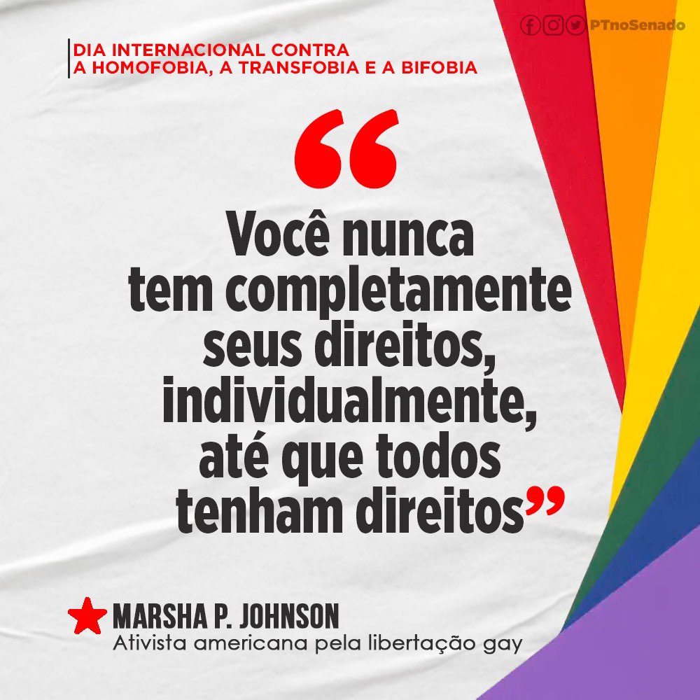 O PT no Senado abraça a luta contra a homofobia, a transfobia e a bifobia. 🌈
