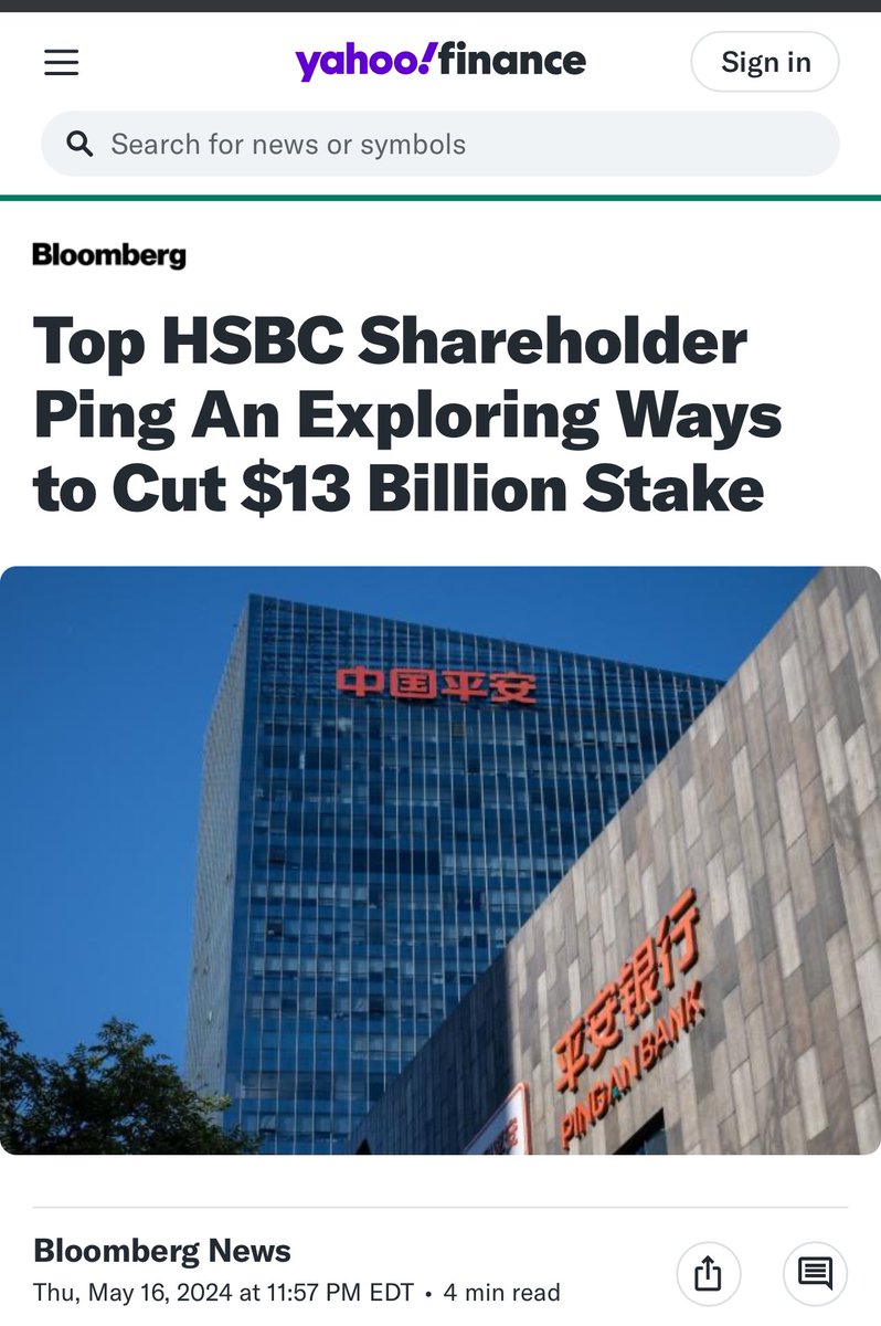 HSBC's largest shareholder looking to cut its exposure even more. 'Ping An Insurance Group Co. is weighing options that would allow it to reduce its 8% stake in HSBC Holdings Plc, according to people familiar with the matter. One option an internal team at the Chinese insurance