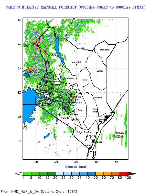 🌦️ Weather Forecast for the Weekend Rainfall: Continued rainfall is likely over the Central Highlands, including Nairobi, Western Kenya, Lake Victoria Basin, and Rift Valley regions. Northwestern Kenya may receive rainfall from Monday, 20th May.