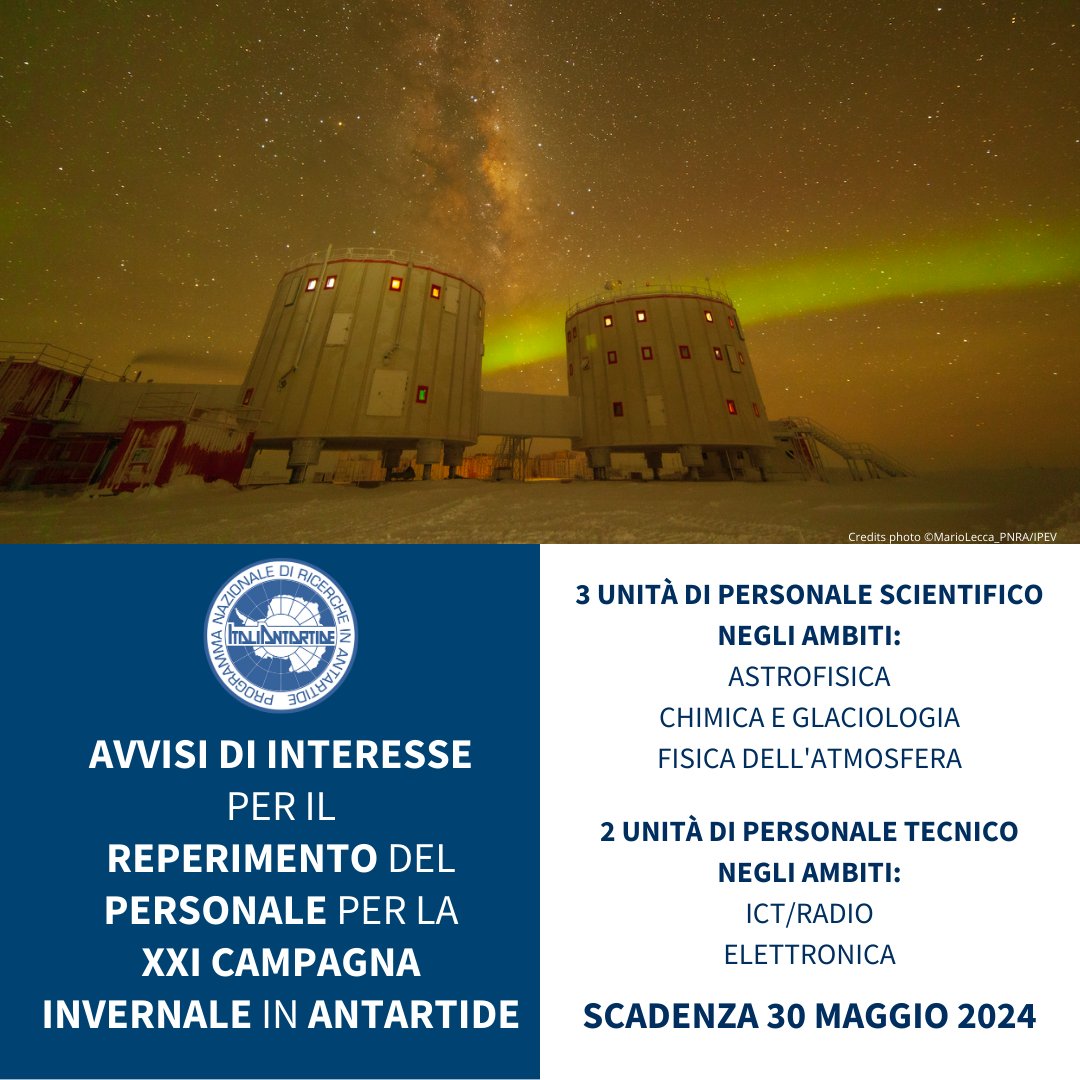 Avvisi di interesse per il reperimento del personale per la XXI campagna invernale in #Antartide 
Il Programma nazionale di ricerche in Antartide #PNRA cerca:
2 unità di personale tecnico
3 unità di personale scientifico
Scadenza #30maggio2024
ℹ️ pnra.aq/it/avvisi-di-i… 

#dc21