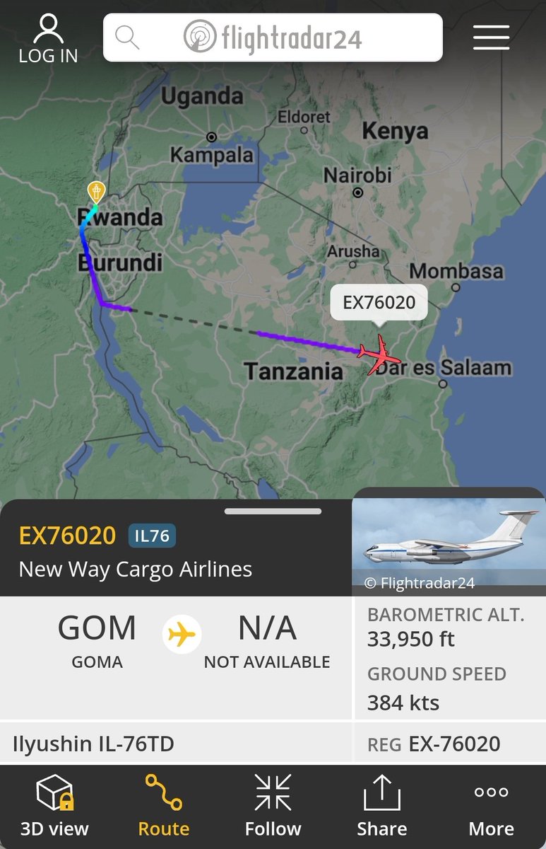 Kyrgyzstan IL76 EX-76020 departed from Goma, DRC, now heading to Dar Es Salaam, Tanzania