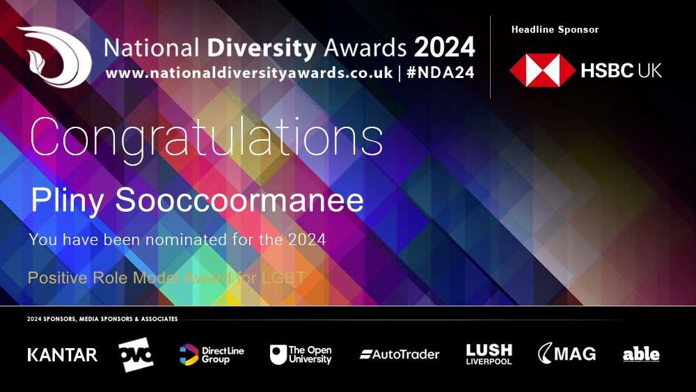 Congratulations to @Pliny_1S who has been nominated for the Positive Role Model Award for LGBT at The National Diversity Awards 2024 in association with @HSBC_UK. To vote please visit nationaldiversityawards.co.uk/awards-2024/no… #NDA24 #Nominate #VotingNowOpen