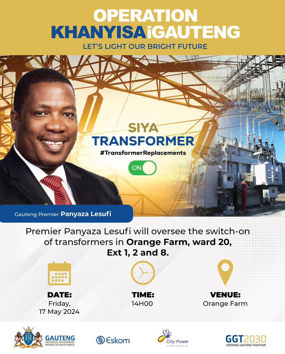 Premier Panyaza @Lesufi will this afternoon oversee the switch-on of transformers in Orange Farm, Ward 20, Ext 1, 2 and 8. This is part of Gauteng’s Energy Response Plan to  power up communities in need of electricity.
#TransformerReplacements
#OperationKhanyisa