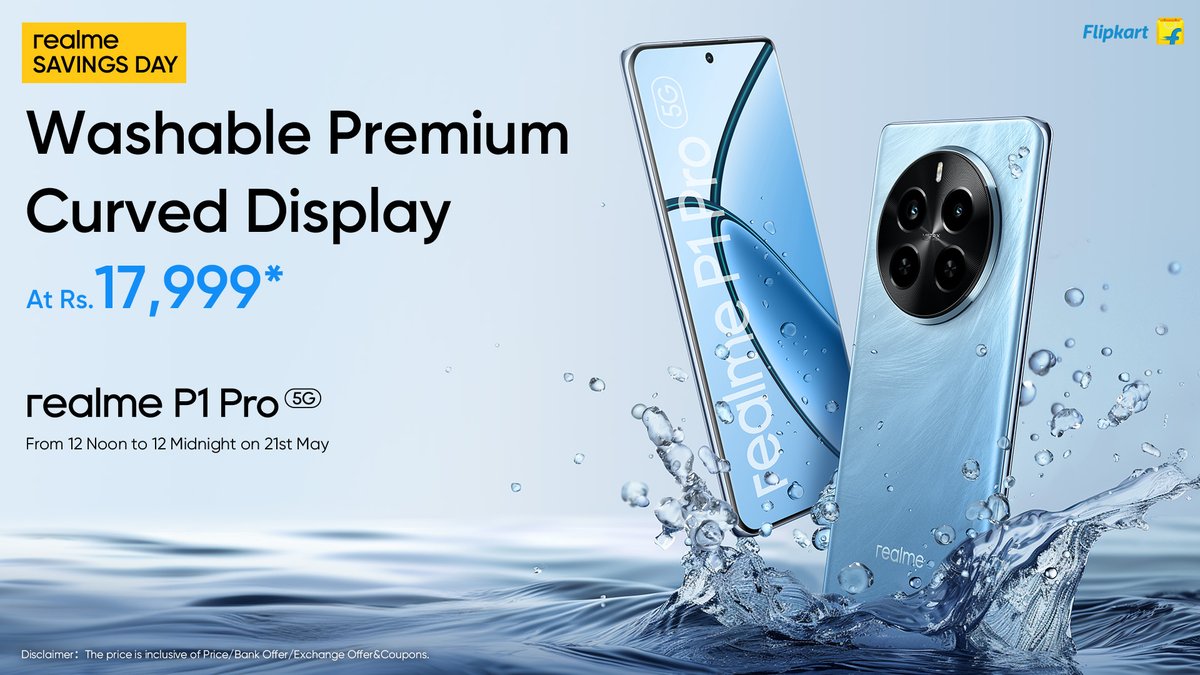 Save the date and the hours! Upgrade your smartphone experience with a washable premium curved display of #realmeP1Pro5G 📅 Sale starts on 21st May From 12 Noon to 12 Midnight only. Know more: bit.ly/3UJwrnK