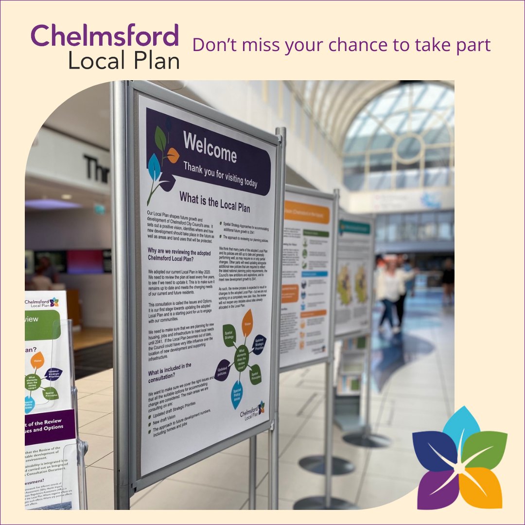 Want to find out more about the Chelmsford Local Plan? 😀 All Civic Centre exhibition dates are below: TODAY 1pm – 3pm TOMORROW 10am – 12pm Thursday 13 June 2024 6pm – 8pm Friday 14 June 2024 1pm – 3pm Saturday 15 June 2024 10am – 12pm (with a British Sign Language interpreter)