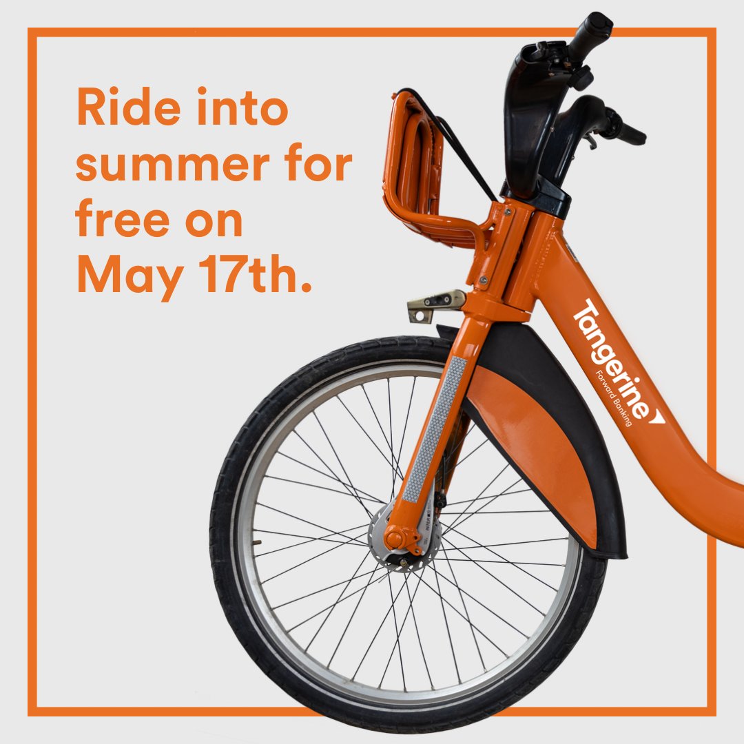 Good news alert ☀️ : Celebrate the kickoff of summer biking season with a 90-minute @BikeShareToronto ride on us today! #TangerineBikes