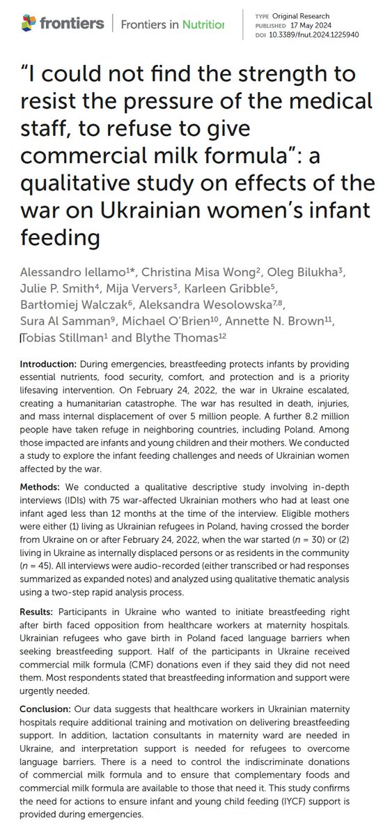 New paper on Ukrainian women's experiences of infant feeding during the war. Take home, despite vast aid funding, mothers have not been given appropriate infant feeding support in this emergency. We must do better. Women and children are being failed. frontiersin.org/articles/10.33…