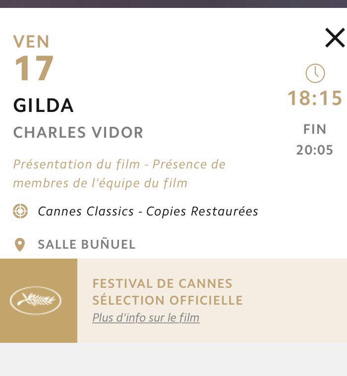 Il est noté que l’équipe de GILDA sera présente tout à l’heure à Cannes Classics. Sachant que l’entièreté de l’équipe est morte il y a longtemps, je suis curieux de voir leur état … Mais tout est possible à Cannes 😏🤷🏽‍♂️ @Festival_Cannes #Cannes2024