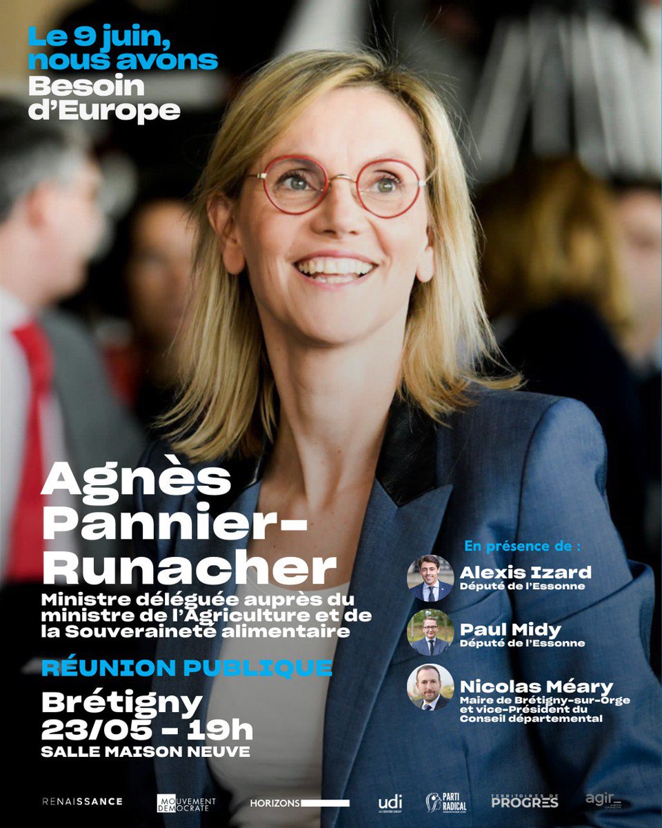 À vos agendas ! ✍️📅 Rendez-vous jeudi prochain à Brétigny-sur-Orge pour la réunion publique d'@AgnesRunacher. Jusqu'au 9 juin, mobilisons-nous pour la liste @BesoindEurope pour une France forte dans une Europe souveraine ! 🇪🇺