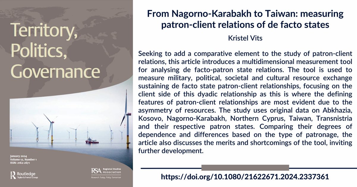 New article in the Patron-Client Relations in Secessionist Conflict Special Issue: 'From Nagorno-Karabakh to Taiwan: measuring patron-client relations of de facto states' by Kristel Vits. doi.org/10.1080/216226…