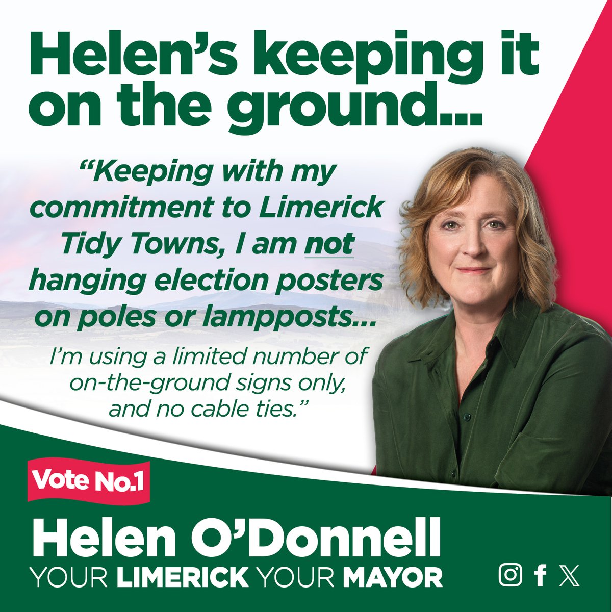 HelenODonnellLK's tweet image. In line with Tidy Towns requests, I have produced just 70 election road posters, and am not hanging any on poles / lampposts. I have a policy not to use cable ties, also. #HelenDEM2024