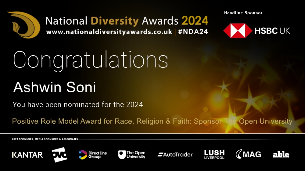 Congratulations to Ashwin Soni who has been nominated for the Positive Role Model Award for Race, Religion & Faith at The National Diversity Awards 2024 in association with @HSBC_UK. To vote please visit nationaldiversityawards.co.uk/awards-2024/no… #NDA24 #Nominate #VotingNowOpen