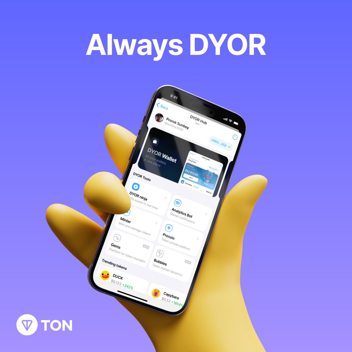 Introducing @dyorninja, a native data and asset analysis platform on #TON 🥷

You can now explore comprehensive data on tokens, with upcoming features for NFTs and dApps. Since its launch, DYOR boasts 1M+ views and has attracted 100K+ unique users last month alone.