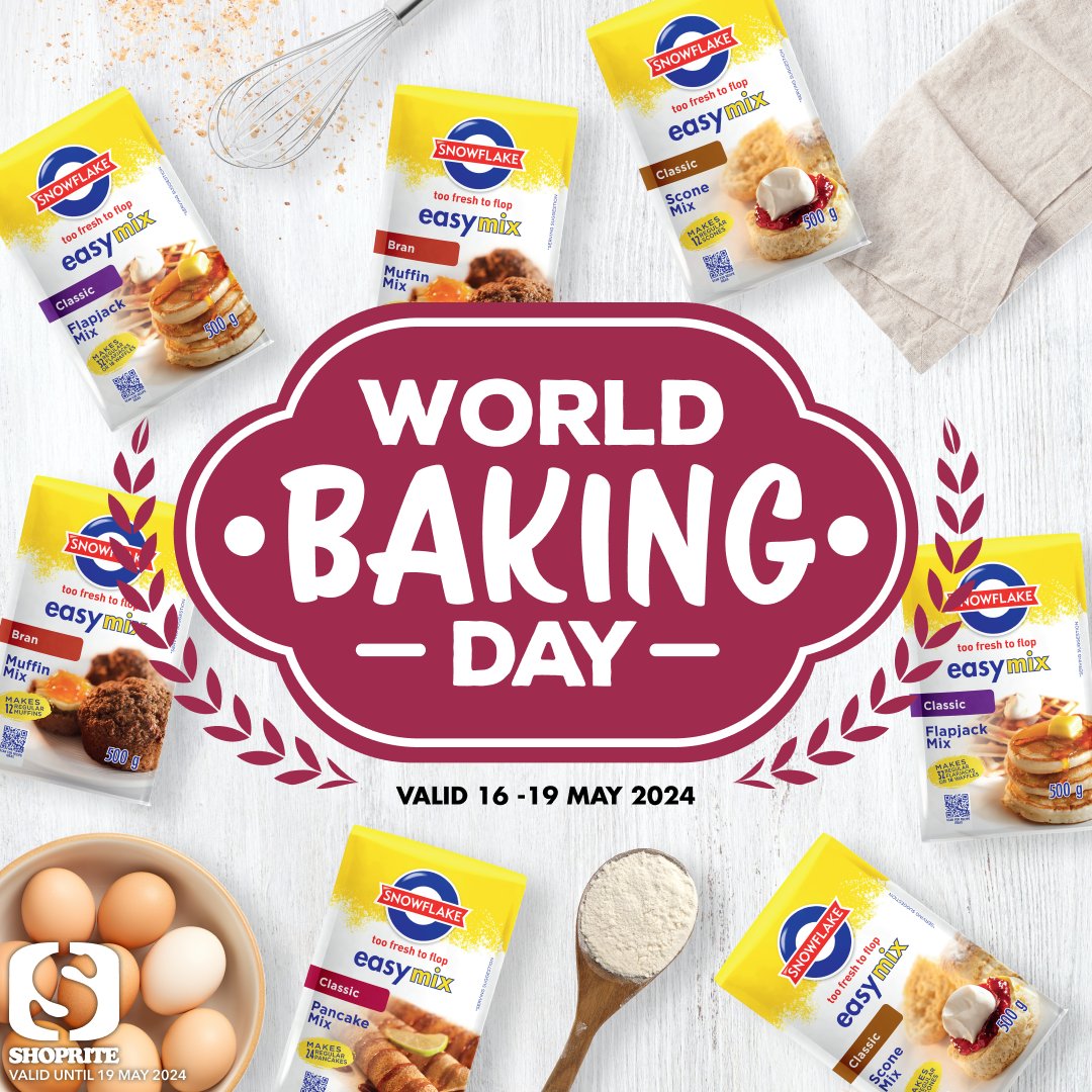 It’s #WorldBakingDay! 🎉 Stock up on any Snowflake Easy Mix for just R14.99 when you swipe your Xtra Savings card at Shoprite 🧁🍰 Valid 16 – 19 May 2024 only. View more deals: brnw.ch/21wJPAX #ShopriteSA