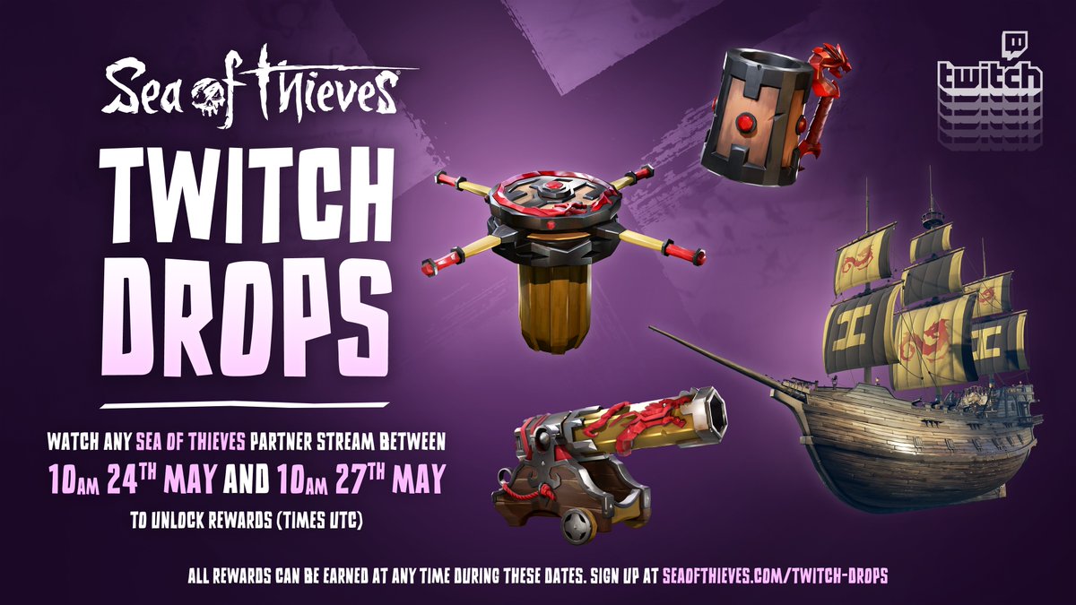 A week from today you'll be able to acquire four exquisite Eastern Winds Ruby items via Twitch Drops! Tune in to any Partnered Sea of Thieves streamer for one hour per item from May 24th-27th (10am UTC).

🔗 Details: aka.ms/Twitch_Drops