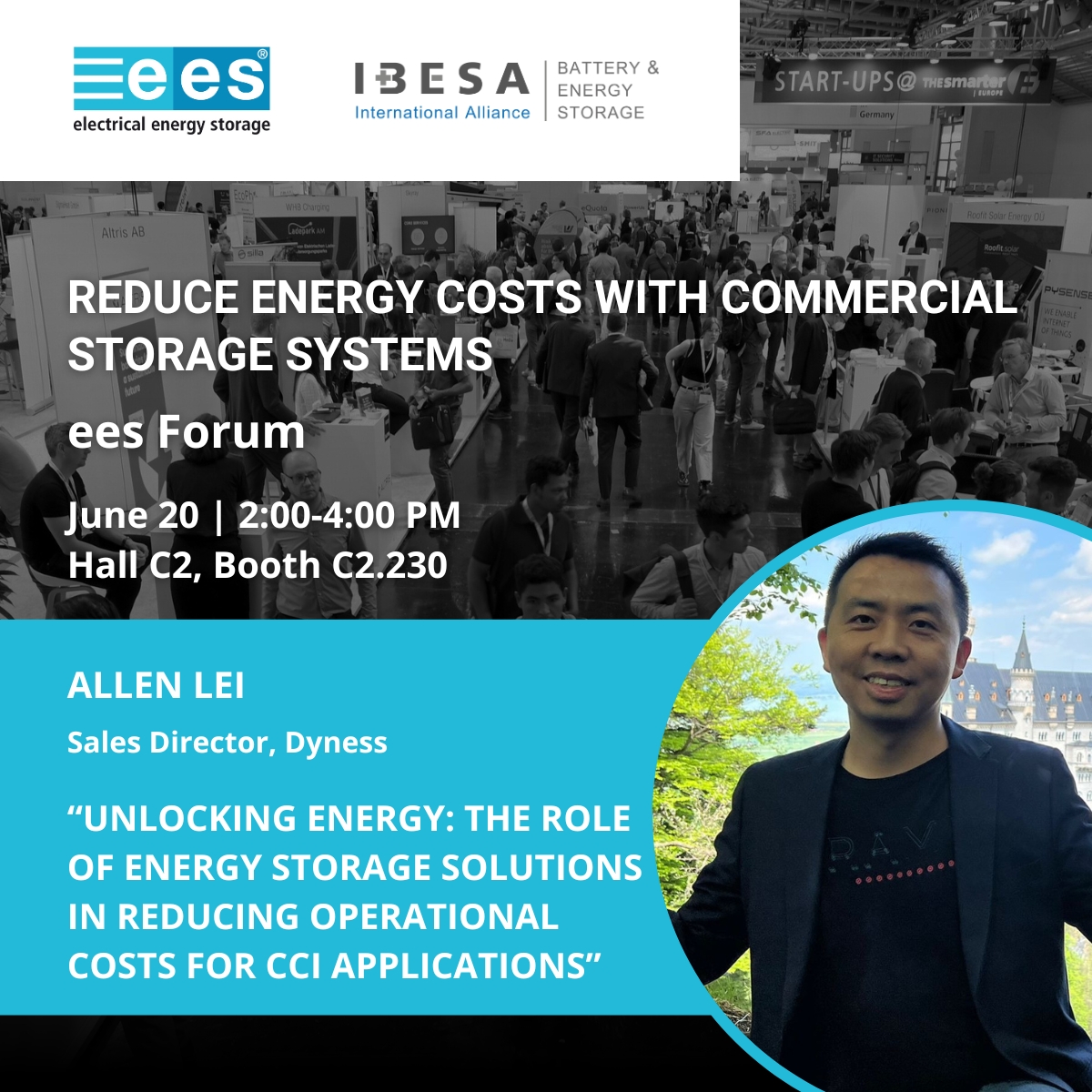 🌟 Join us at #InterSolar Europe 2024 where Dyness Sales Director, Allen, will discuss 'Unlocking Energy: Role of Storage Solutions in cutting CCI operational costs' on June 20 at 2-4 PM in Hall C2, Booth C2.230. Don't miss this enlightening session! #Dyness #InterSolarEurope