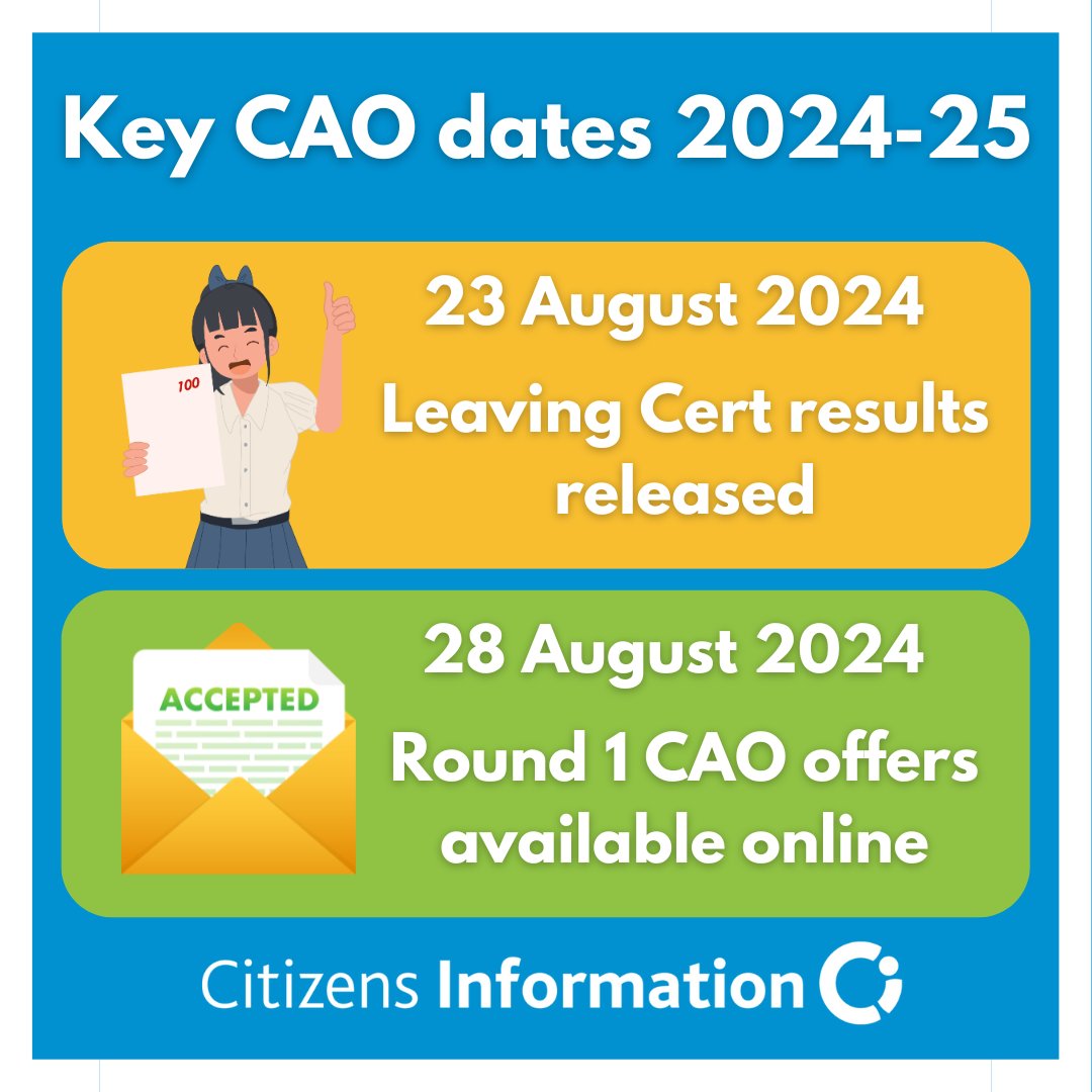 Applied for a college place and doing your Leaving Cert in June? ✍️ You’ll get your Leaving Cert results on 23 August 2024. ✅ Round 1 CAO offers will be available online on 28 August 2024. 🎓 For more key dates for CAO applications 2024-2025, see 👉 bit.ly/KeyDatesCAO202…