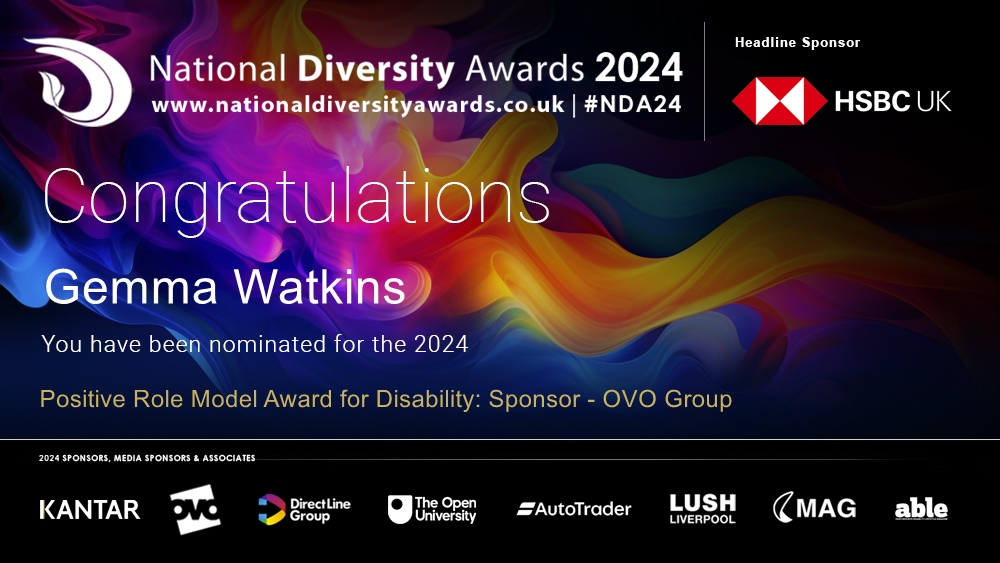 Congratulations to Gemma Watkins who has been nominated for the Positive Role Model Award for Disability at The National Diversity Awards 2024 in association with @HSBC_UK. To vote please visit nationaldiversityawards.co.uk/awards-2024/no… #NDA24 #Nominate #VotingNowOpen