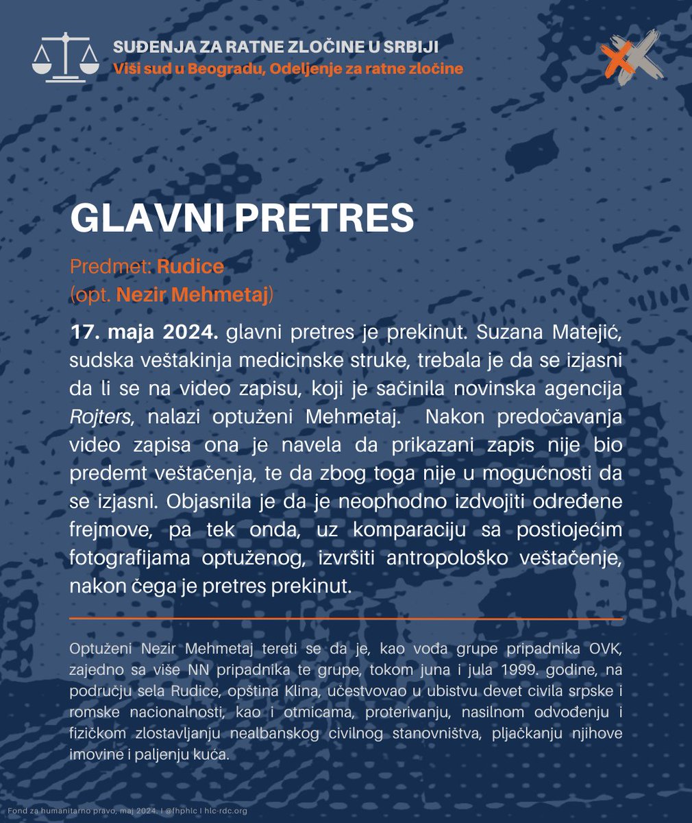 ⚖️ Danas je održan glavni pretres u predmetu Rudice. #IzSudnice

📂 Pregled predmeta 👉 bit.ly/rudiceklina

Naredni glavni pretres zakazan je za 17.06.2024. u 10:00.