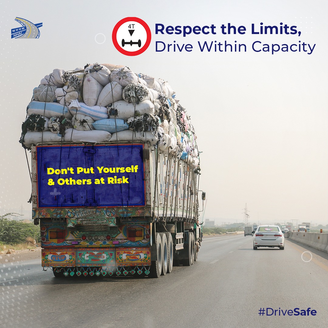 Overloading your vehicle can cause breakdowns, accidents, and danger for everyone. #DriveSafe, follow weight limits, and have a smooth journey! #NHAI #BuildingANation