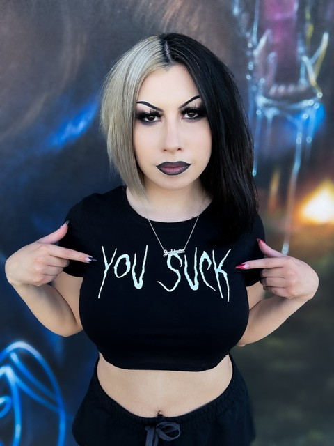 The fab @sooletsnim in our You Suck Crop Top! 🦇 #VampireFreaks #YouSuck #Goth #GothCropTop #AltFashion