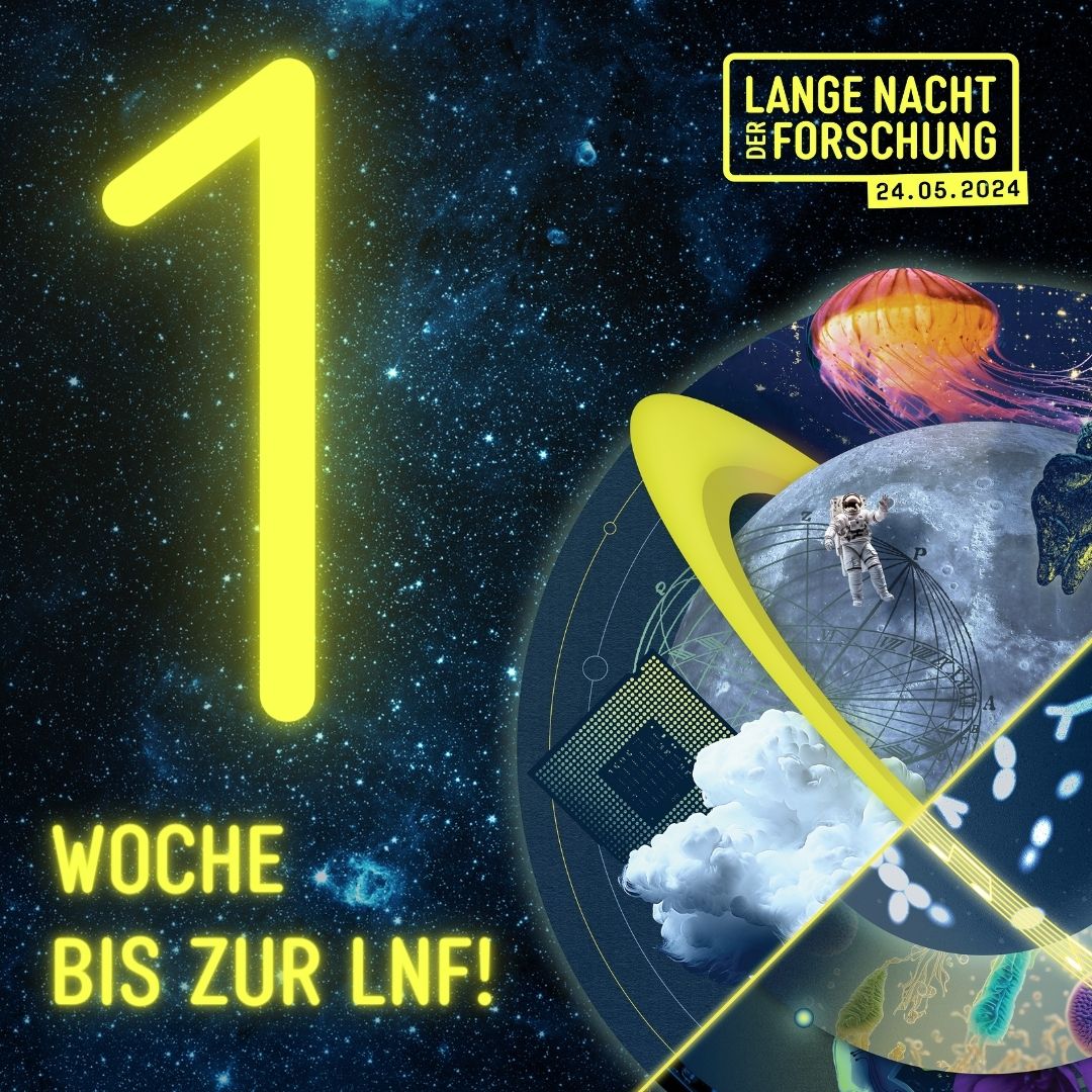 🗓 #LNF24 #Countdown In einer Woche ist es so weit: nächsten Freitag, 24.05.2024 holen wir #Forschung und #Wissenschaft an über 270 Standorten in ganz Österreich und 2.800 Stationen mit Experimenten, Führungen, Workshops und Shows vor den Vorhang! 🌟

lnf24.at