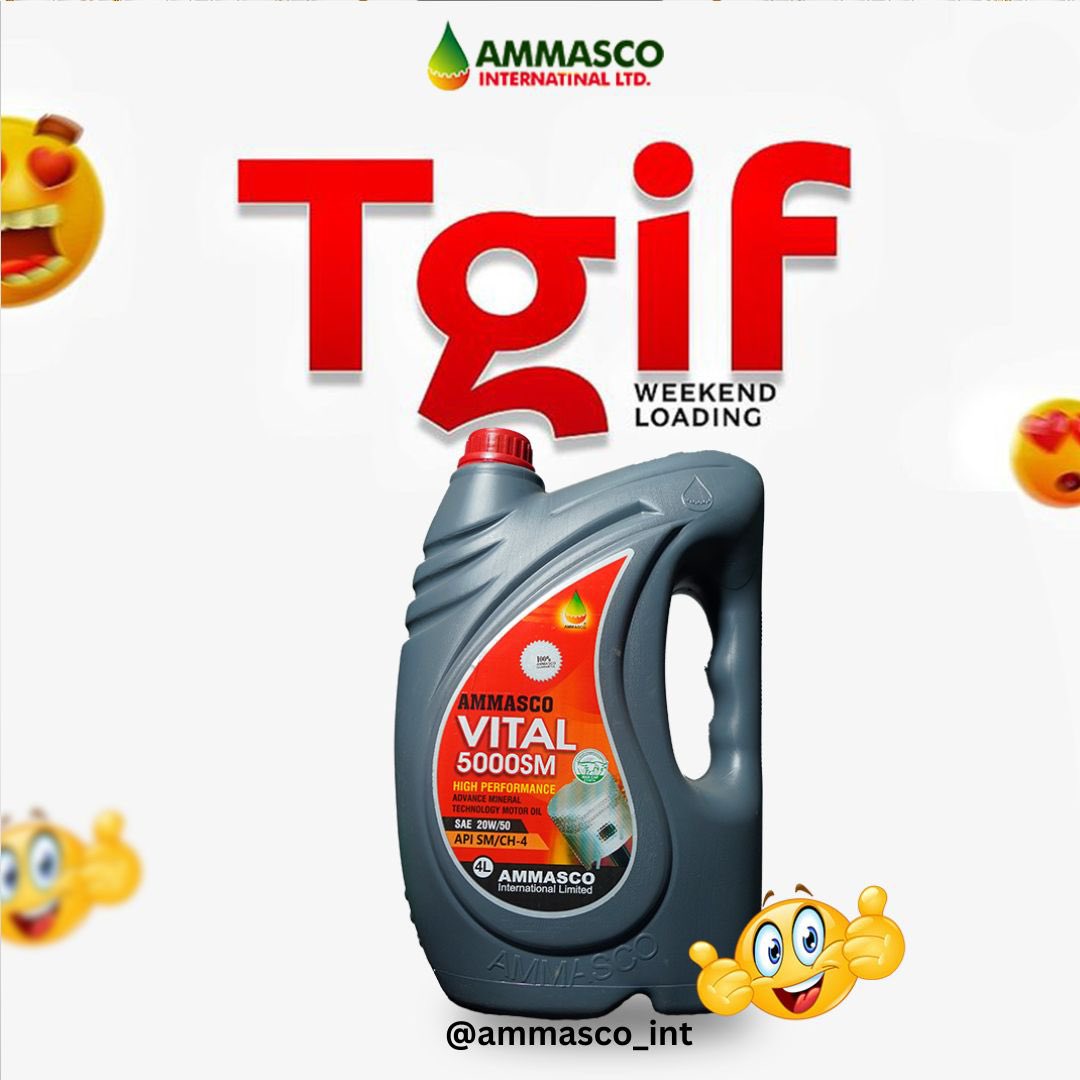 You have done well this week. You deserve a refreshing weekend. TGIF😇

#TGIF #EngineOil #MotorOil #SyntheticOil #ConventionalOil #HighMileageOil #OilChange #EngineLubrication #EnginePerformance #FrictionReduction #WearProtection #OilFilter #OilViscosity #AdditiveTechnology