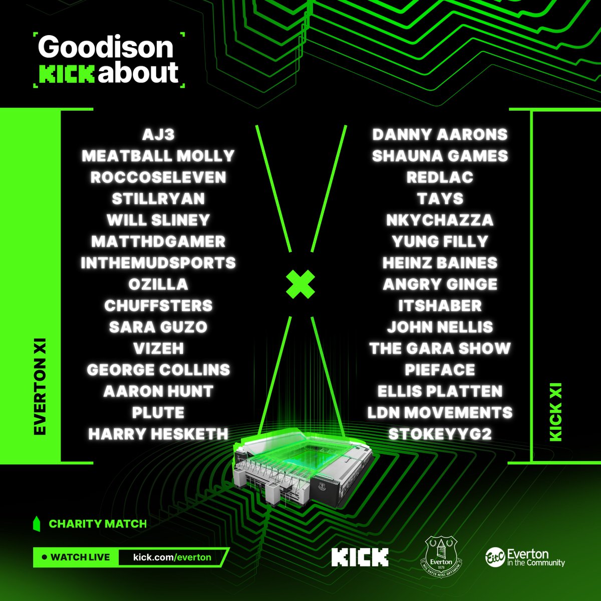 Matchday squads for the #GoodisonKICKabout charity match are here! Which side are you backing? 📋

Catch all of the action live from 5.30pm on Saturday on our official @KICKStreaming channel! 📺

Donate to @EITC at evertoninthecommunity.org/donate 💙