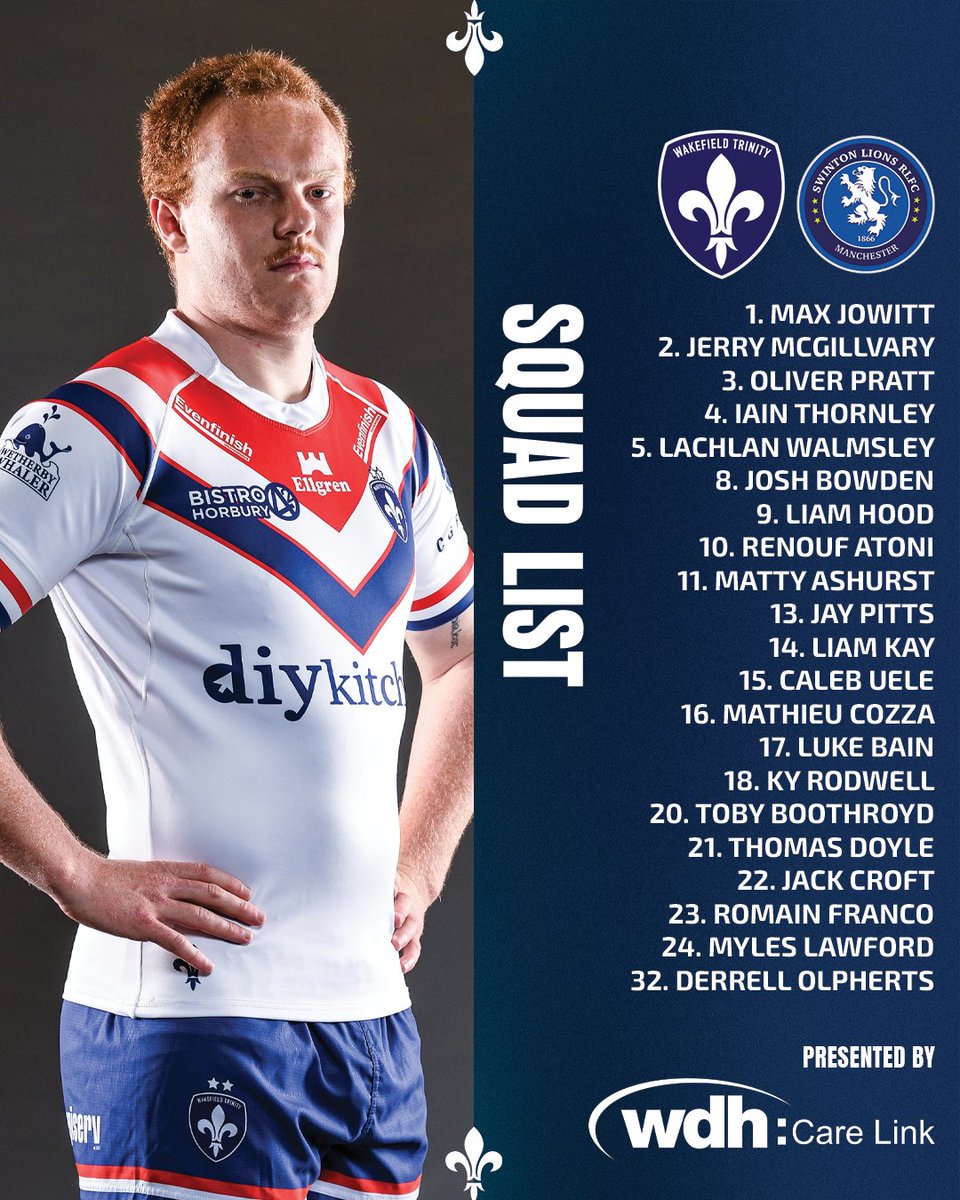 4️⃣ changes ahead of the Swinton Lion game!
🤝🏻 Presented by @WDHcarelink!

Toby Boothroyd, Mathieu Cozza, Luke Bain and Romain Franco all come into Trinity's 21-man squad ahead of Sunday's clash at the DIY Kitchens Stadium!!

👉🏻  bit.ly/Swinton21ManSq…

#UpTheTrin