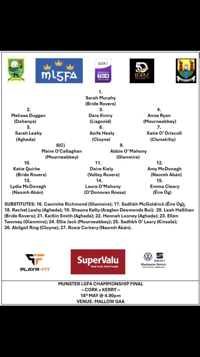 𝘾𝙤𝙧𝙠 𝙇𝙂𝙁𝘼 𝙏𝙚𝙖𝙢 𝘼𝙣𝙣𝙤𝙪𝙣𝙘𝙚𝙢𝙚𝙣𝙩 Shane Ronayne has announced his team to play @kerryladiesfoot in tomorrow’s @MunsterLGFA Senior final in Mallow, at 4:00 pm. Please support 🙌🏼 @SuperValuIRL @PlayrFit @BlackwaterMotor