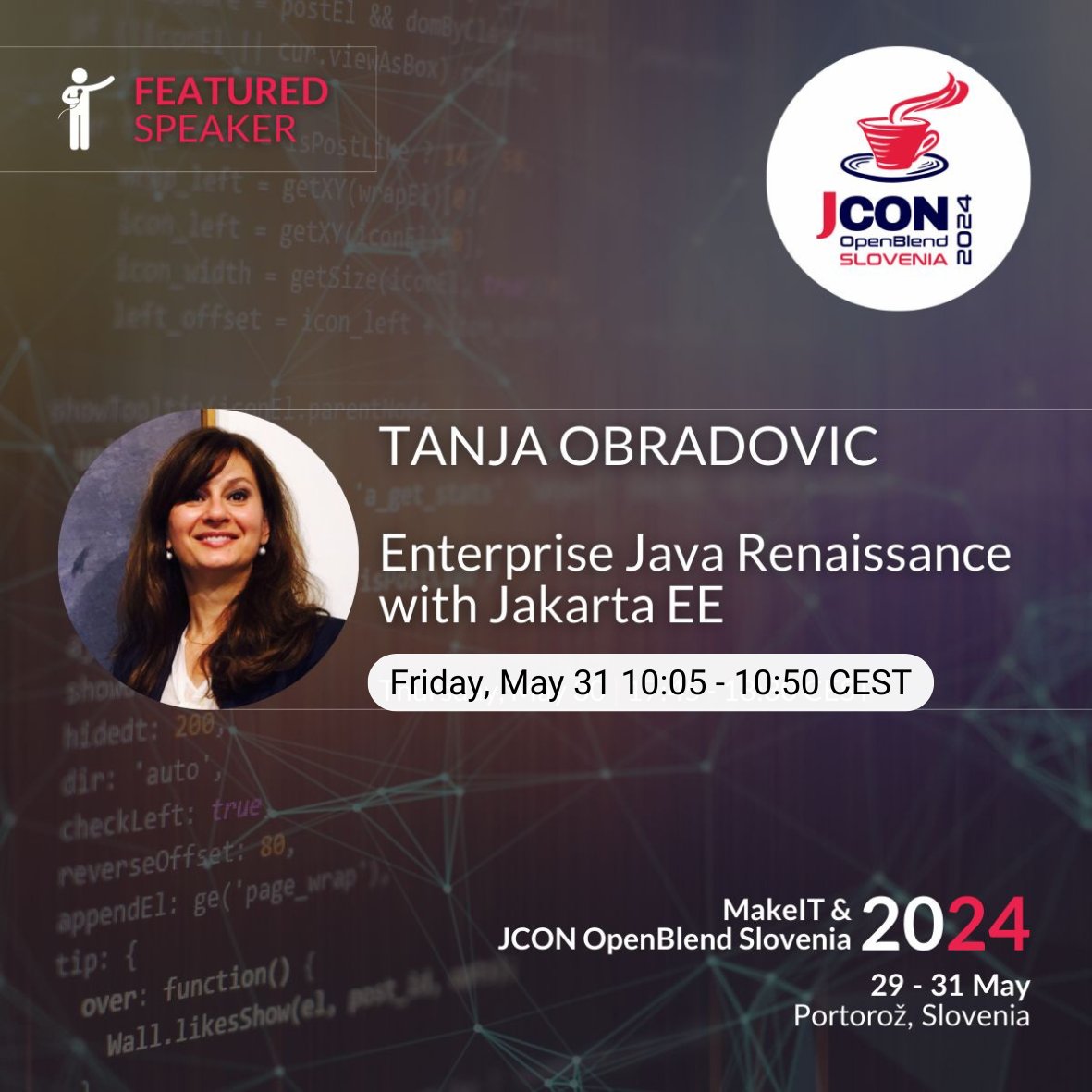 JakartaEE's tweet image. Join @TanjaEclipse on May 31st at JCON Slovenia 2024 as she delves into the vibrant community shaping the future of Java development. hubs.la/Q02wxm4R0
#JakartaEE #EnterpriseJava #JCON2024